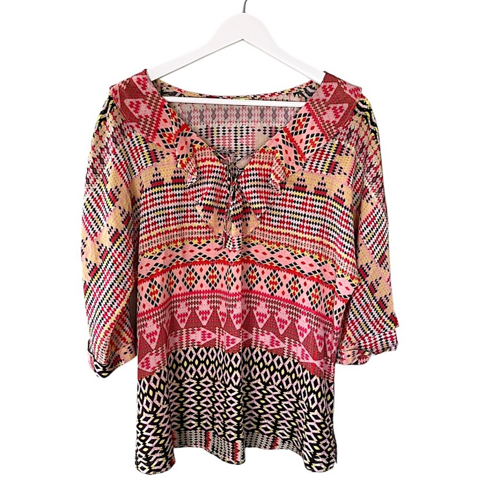 Rebecca Minkoff Silk Colorful Ruffle V Neck 3/4 Sleeve‎ Top Pink Yellow Size 8